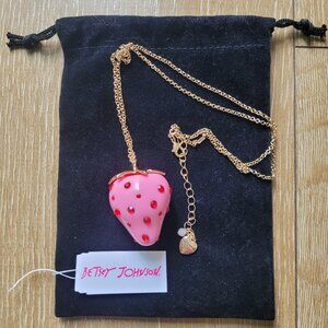 Betsey Johnson Pink Strawberry Pendant With Red Rhinestone Gold Chain Necklace